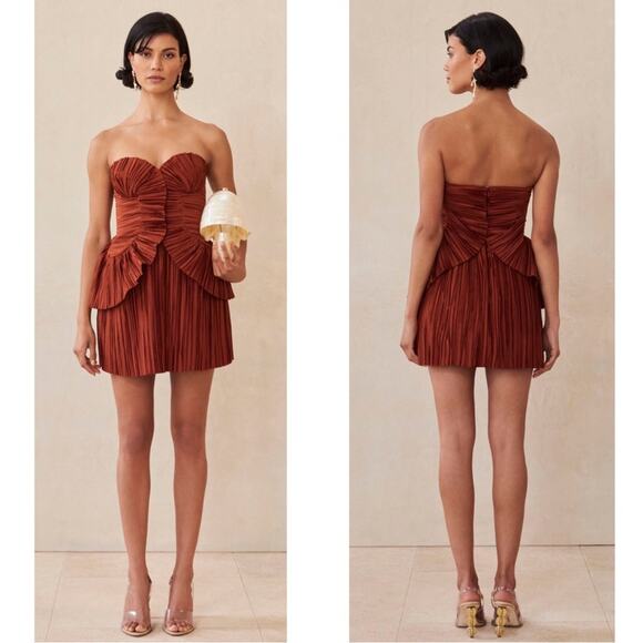 CULT GAIA Charlique Ruched Pleated Strapless Peplum Brown Mini Dress Size 2 - Picture 3 of 13